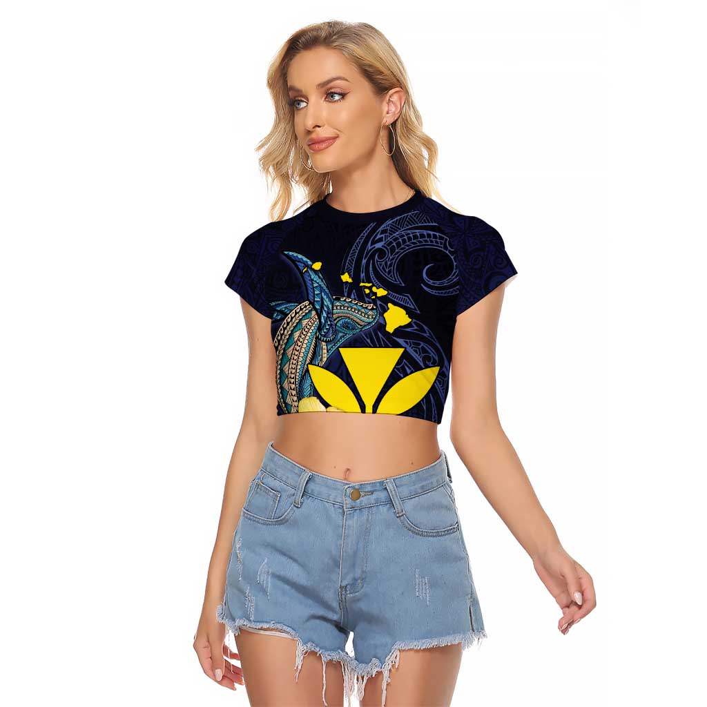 Hawaiian Whale and Kanaka Maoli Symbol Raglan Cropped T Shirt Hibiscus with Hawaii Map and Polynesian Tattoo Deep Sea Color LT03 Female Blue - Polynesian Pride