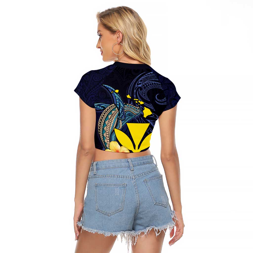 Hawaiian Whale and Kanaka Maoli Symbol Raglan Cropped T Shirt Hibiscus with Hawaii Map and Polynesian Tattoo Deep Sea Color LT03 - Polynesian Pride