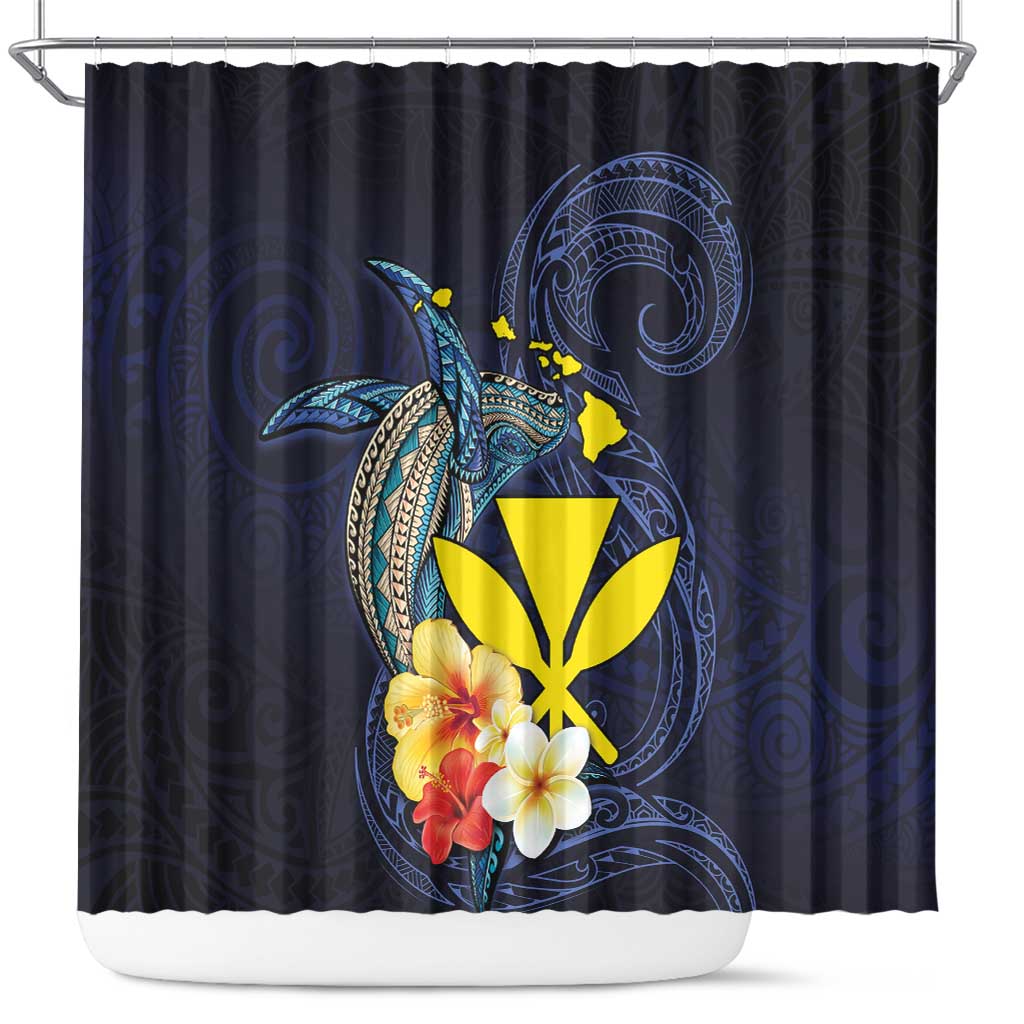 Hawaiian Whale and Kanaka Maoli Symbol Shower Curtain Hibiscus with Hawaii Map and Polynesian Tattoo Deep Sea Color LT03 Blue - Polynesian Pride