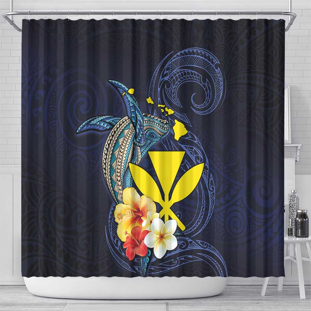 Hawaiian Whale and Kanaka Maoli Symbol Shower Curtain Hibiscus with Hawaii Map and Polynesian Tattoo Deep Sea Color LT03 - Polynesian Pride