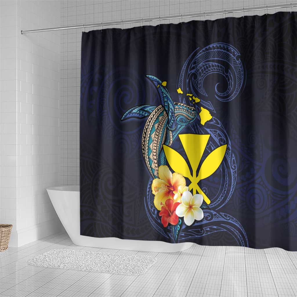 Hawaiian Whale and Kanaka Maoli Symbol Shower Curtain Hibiscus with Hawaii Map and Polynesian Tattoo Deep Sea Color LT03 - Polynesian Pride