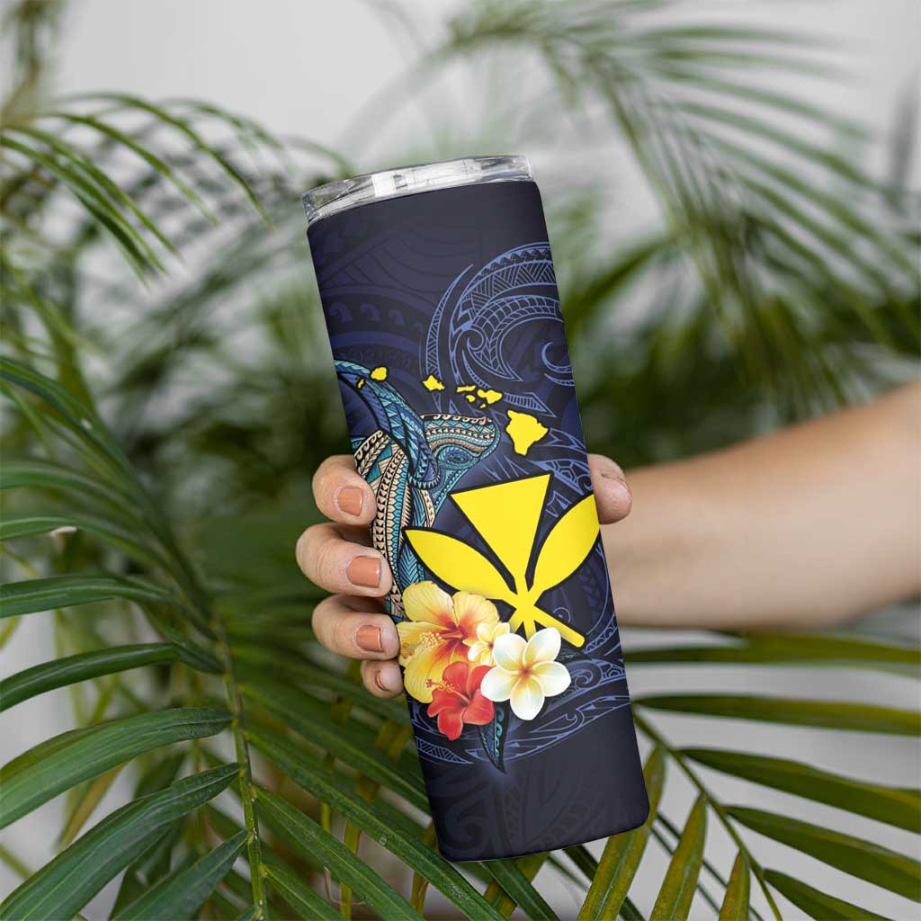 Hawaiian Whale and Kanaka Maoli Symbol Skinny Tumbler Hibiscus with Hawaii Map and Polynesian Tattoo Deep Sea Color LT03 - Polynesian Pride