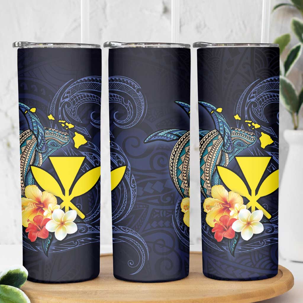 Hawaiian Whale and Kanaka Maoli Symbol Skinny Tumbler Hibiscus with Hawaii Map and Polynesian Tattoo Deep Sea Color LT03 - Polynesian Pride