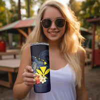 Hawaiian Whale and Kanaka Maoli Symbol Skinny Tumbler Hibiscus with Hawaii Map and Polynesian Tattoo Deep Sea Color LT03 - Polynesian Pride