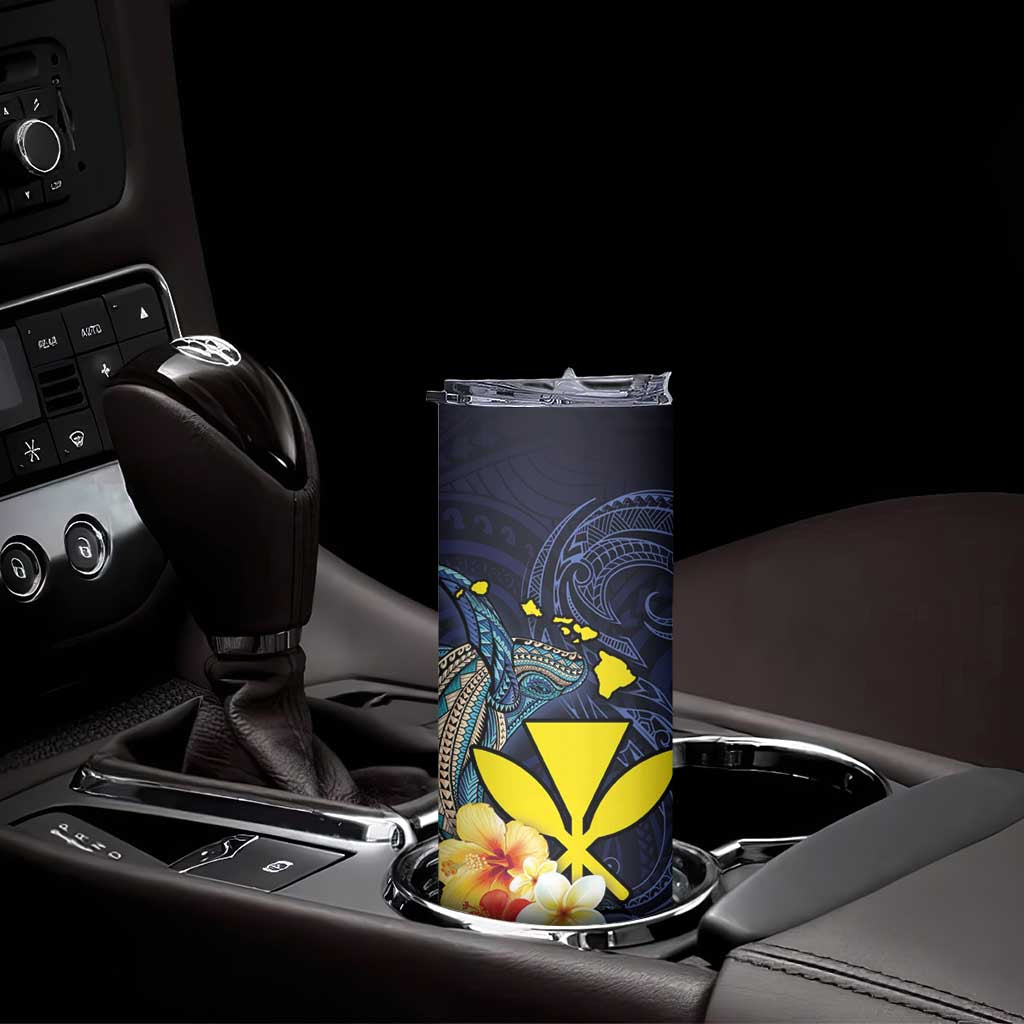 Hawaiian Whale and Kanaka Maoli Symbol Skinny Tumbler Hibiscus with Hawaii Map and Polynesian Tattoo Deep Sea Color LT03 - Polynesian Pride