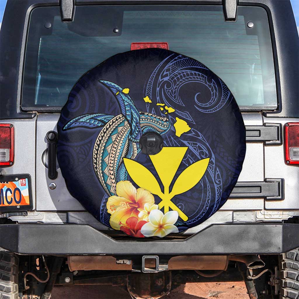 Hawaiian Whale and Kanaka Maoli Symbol Spare Tire Cover Hibiscus with Hawaii Map and Polynesian Tattoo Deep Sea Color LT03 Blue - Polynesian Pride