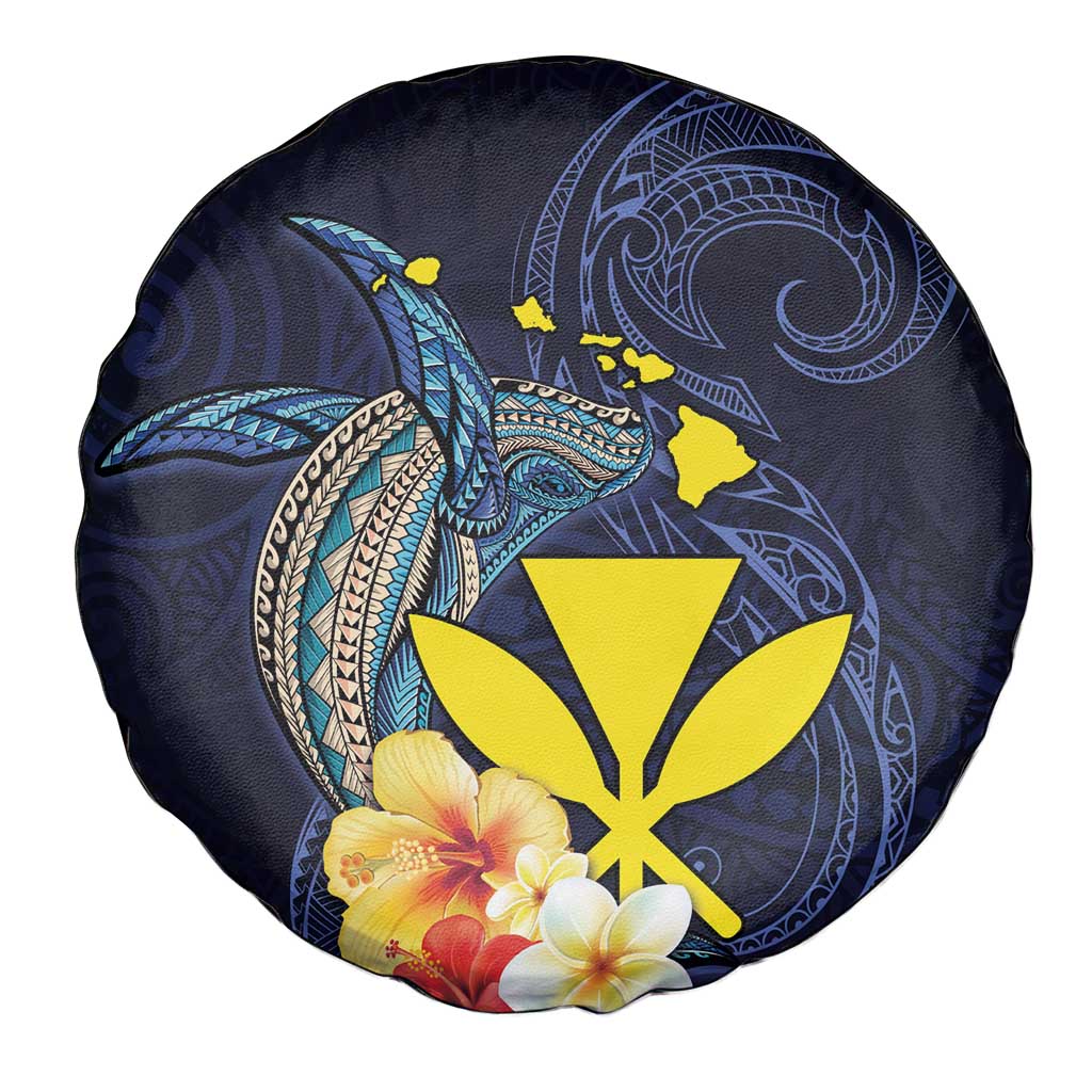 Hawaiian Whale and Kanaka Maoli Symbol Spare Tire Cover Hibiscus with Hawaii Map and Polynesian Tattoo Deep Sea Color LT03 - Polynesian Pride