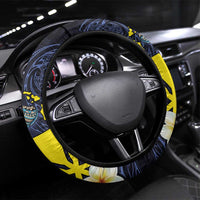 Hawaiian Whale and Kanaka Maoli Symbol Steering Wheel Cover Hibiscus with Hawaii Map and Polynesian Tattoo Deep Sea Color LT03 Universal Fit Blue - Polynesian Pride
