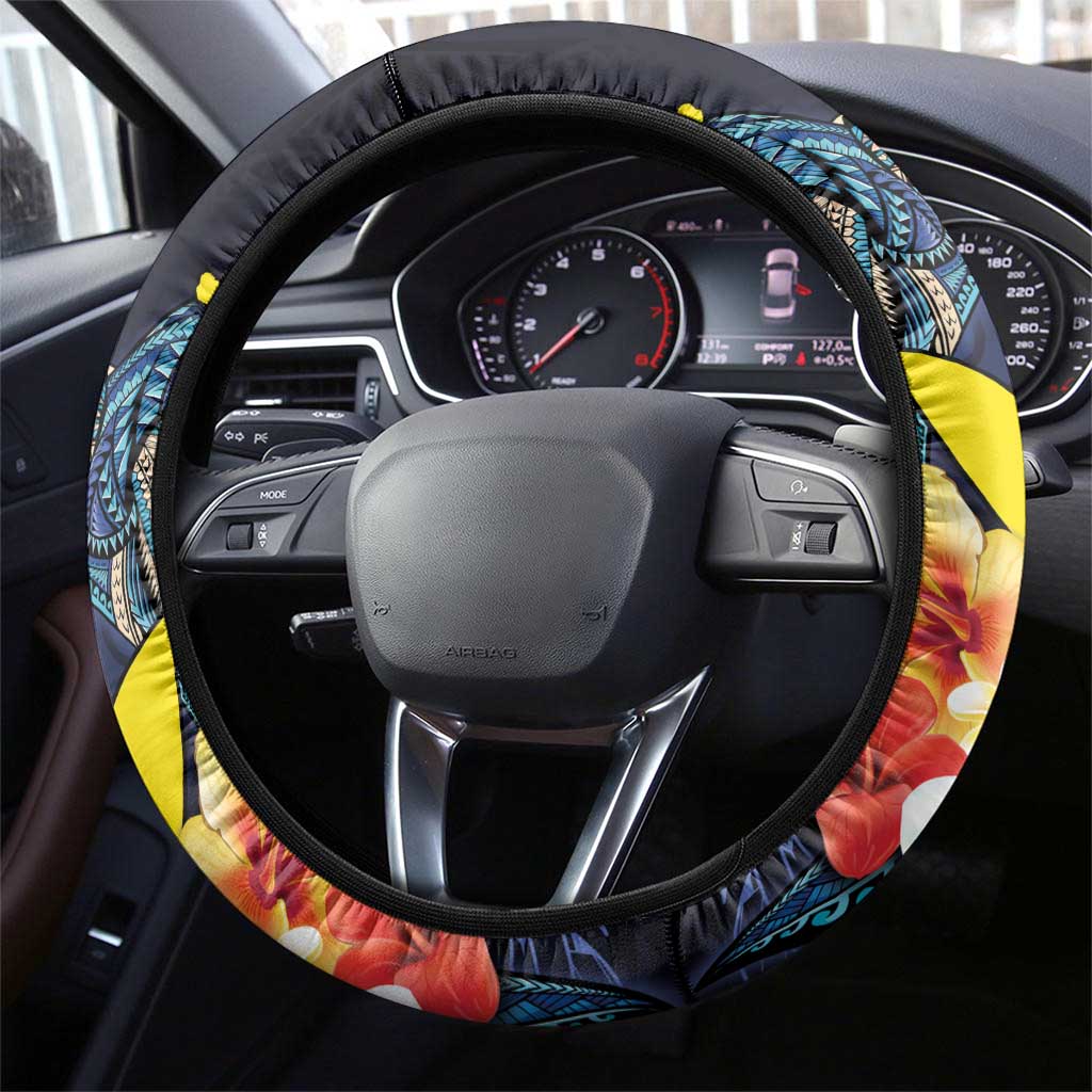 Hawaiian Whale and Kanaka Maoli Symbol Steering Wheel Cover Hibiscus with Hawaii Map and Polynesian Tattoo Deep Sea Color LT03 - Polynesian Pride