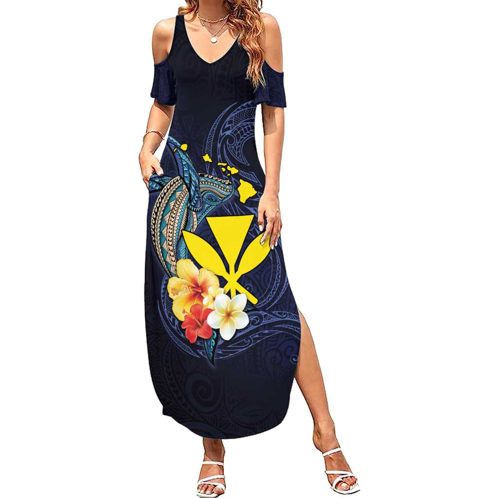 Hawaiian Whale and Kanaka Maoli Symbol Summer Maxi Dress Hibiscus with Hawaii Map and Polynesian Tattoo Deep Sea Color LT03 Women Blue - Polynesian Pride