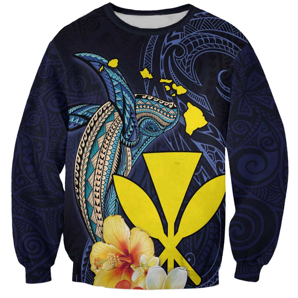 Hawaiian Whale and Kanaka Maoli Symbol Sweatshirt Hibiscus with Hawaii Map and Polynesian Tattoo Deep Sea Color LT03 Unisex Blue - Polynesian Pride