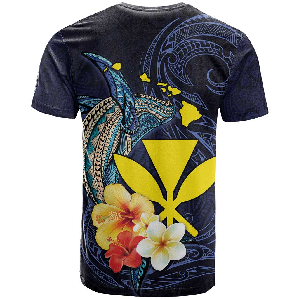 Hawaiian Whale and Kanaka Maoli Symbol T Shirt Hibiscus with Hawaii Map and Polynesian Tattoo Deep Sea Color LT03 - Polynesian Pride