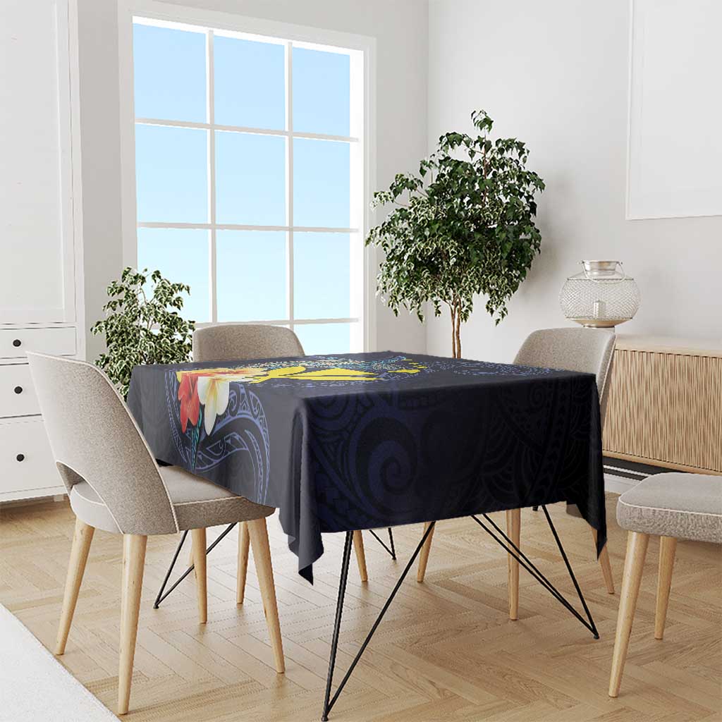 Hawaiian Whale and Kanaka Maoli Symbol Tablecloth Hibiscus with Hawaii Map and Polynesian Tattoo Deep Sea Color