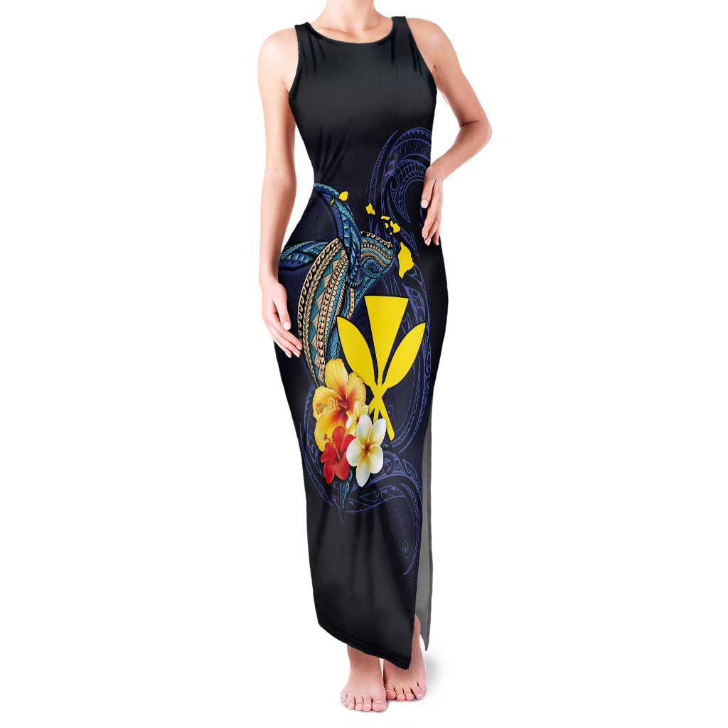 Hawaiian Whale and Kanaka Maoli Symbol Tank Maxi Dress Hibiscus with Hawaii Map and Polynesian Tattoo Deep Sea Color LT03 Women Blue - Polynesian Pride