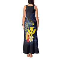 Hawaiian Whale and Kanaka Maoli Symbol Tank Maxi Dress Hibiscus with Hawaii Map and Polynesian Tattoo Deep Sea Color LT03 - Polynesian Pride