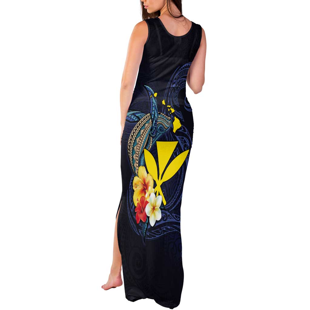 Hawaiian Whale and Kanaka Maoli Symbol Tank Maxi Dress Hibiscus with Hawaii Map and Polynesian Tattoo Deep Sea Color LT03 - Polynesian Pride