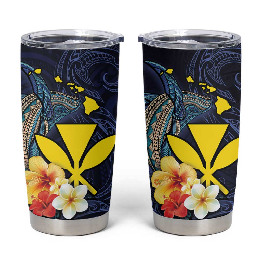 Hawaiian Whale and Kanaka Maoli Symbol Tumbler Cup Hibiscus with Hawaii Map and Polynesian Tattoo Deep Sea Color LT03 Blue - Polynesian Pride
