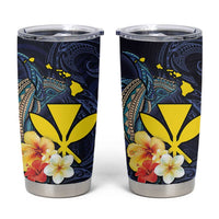 Hawaiian Whale and Kanaka Maoli Symbol Tumbler Cup Hibiscus with Hawaii Map and Polynesian Tattoo Deep Sea Color LT03 Blue - Polynesian Pride