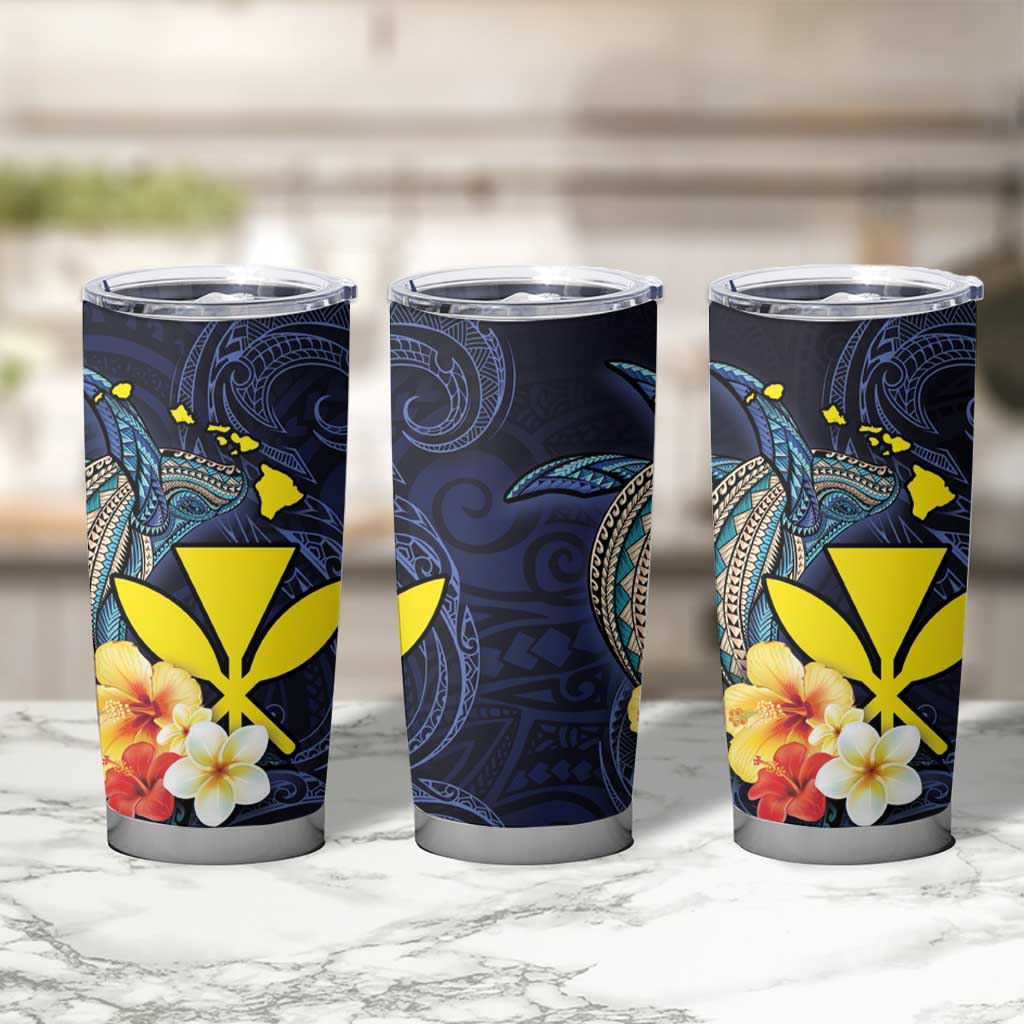 Hawaiian Whale and Kanaka Maoli Symbol Tumbler Cup Hibiscus with Hawaii Map and Polynesian Tattoo Deep Sea Color LT03 - Polynesian Pride