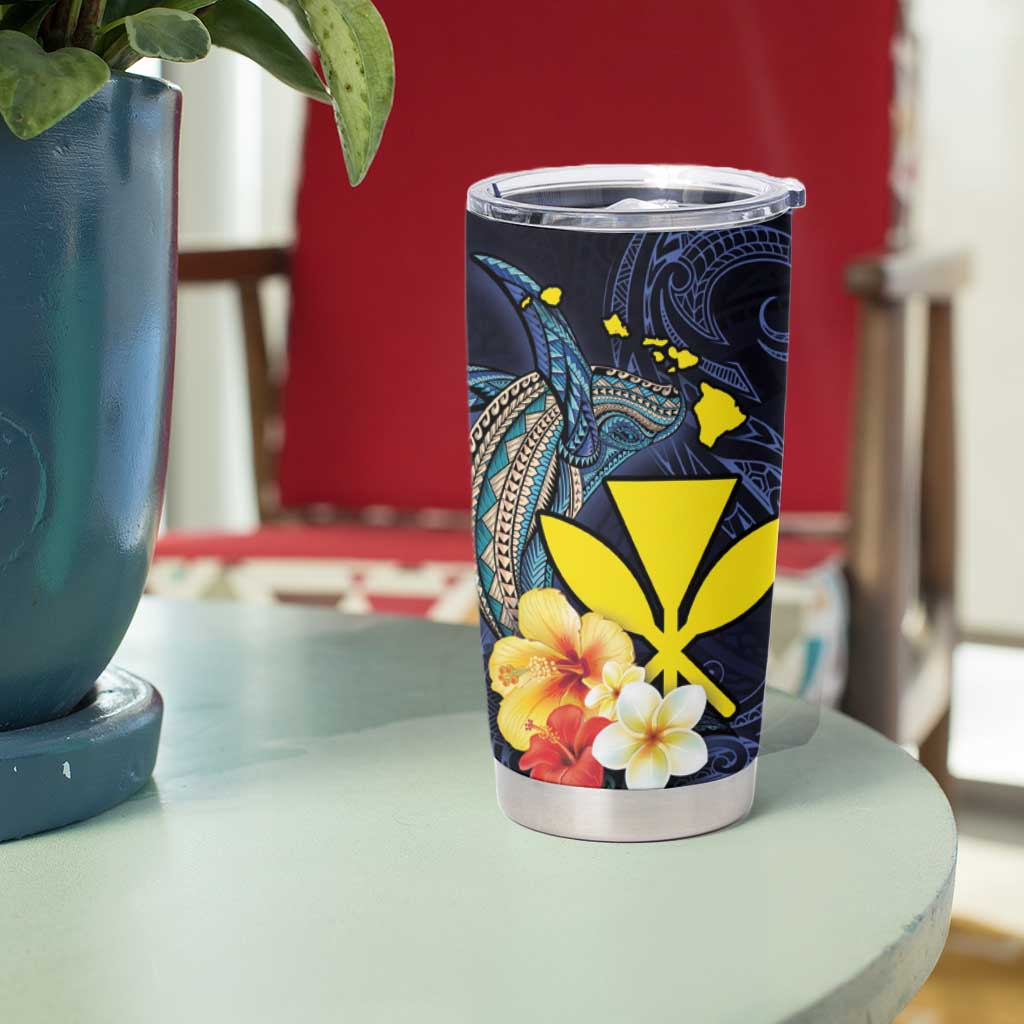 Hawaiian Whale and Kanaka Maoli Symbol Tumbler Cup Hibiscus with Hawaii Map and Polynesian Tattoo Deep Sea Color LT03 - Polynesian Pride