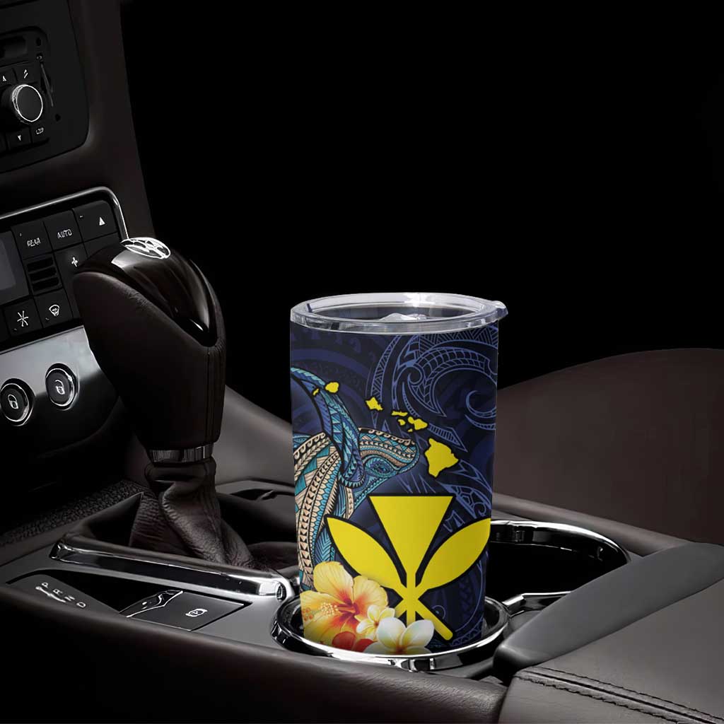 Hawaiian Whale and Kanaka Maoli Symbol Tumbler Cup Hibiscus with Hawaii Map and Polynesian Tattoo Deep Sea Color LT03 - Polynesian Pride