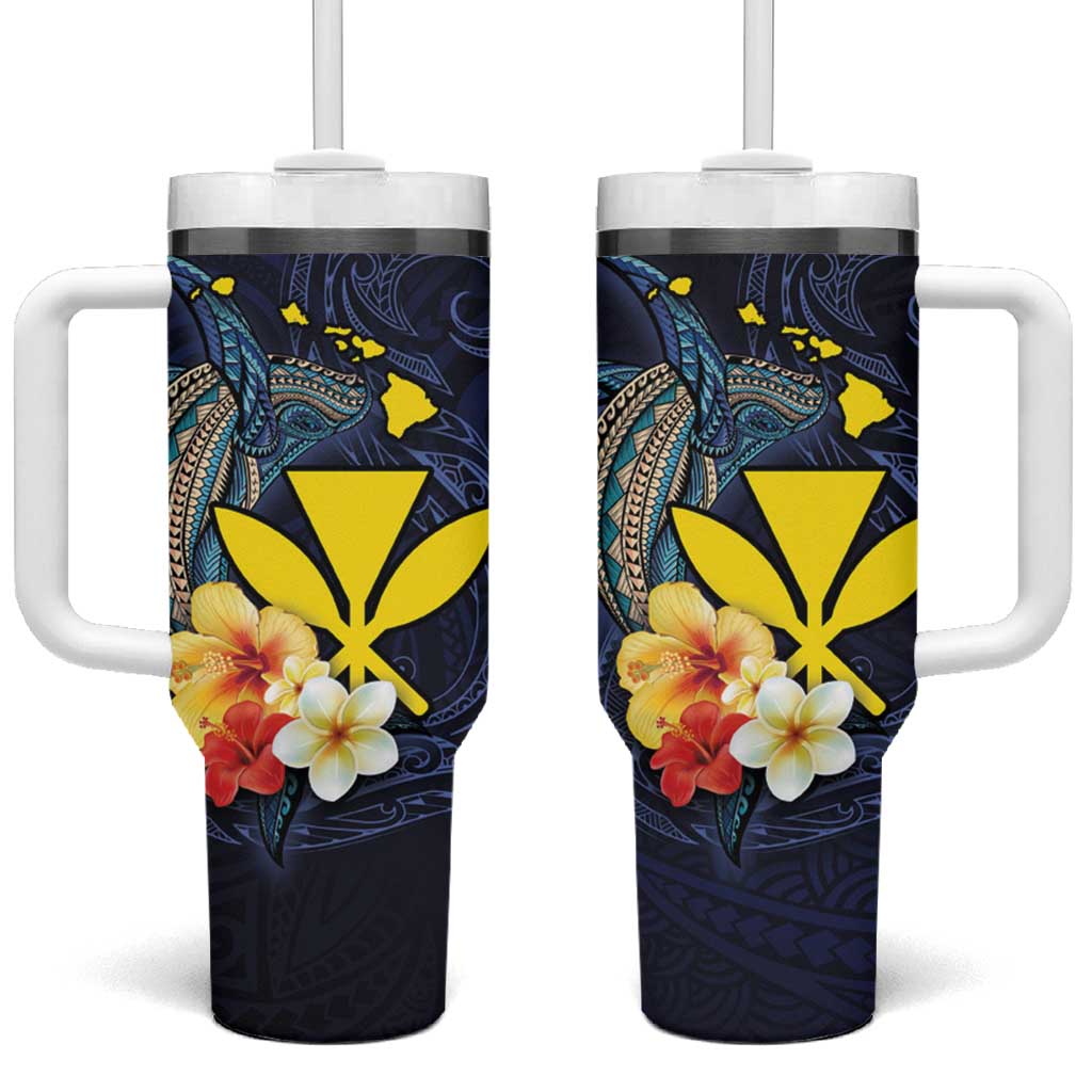 Hawaiian Whale and Kanaka Maoli Symbol Tumbler With Handle Hibiscus with Hawaii Map and Polynesian Tattoo Deep Sea Color LT03 One Size: 40 oz Blue - Polynesian Pride