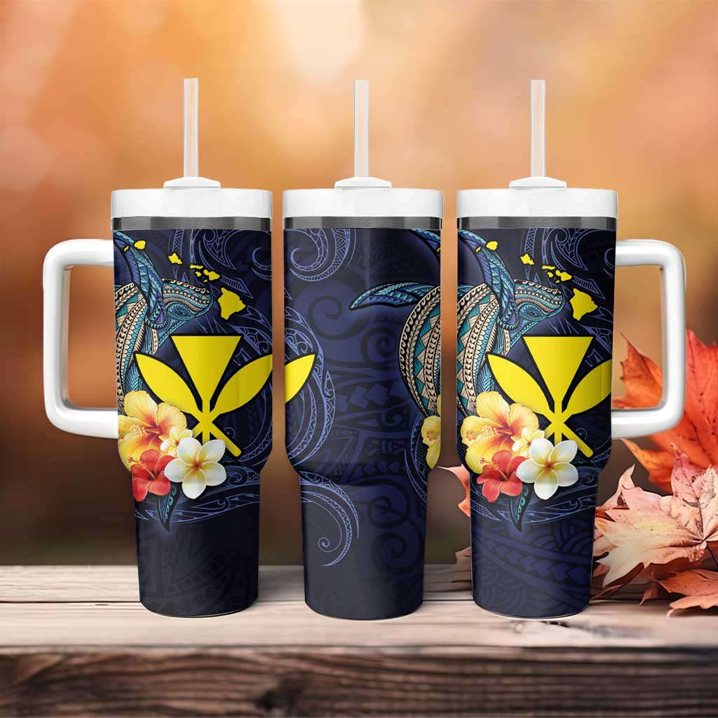 Hawaiian Whale and Kanaka Maoli Symbol Tumbler With Handle Hibiscus with Hawaii Map and Polynesian Tattoo Deep Sea Color LT03 - Polynesian Pride