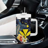 Hawaiian Whale and Kanaka Maoli Symbol Tumbler With Handle Hibiscus with Hawaii Map and Polynesian Tattoo Deep Sea Color LT03 - Polynesian Pride