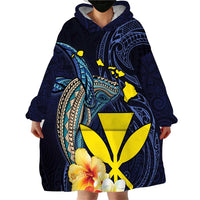 Hawaiian Whale and Kanaka Maoli Symbol Wearable Blanket Hoodie Hibiscus with Hawaii Map and Polynesian Tattoo Deep Sea Color LT03 - Polynesian Pride