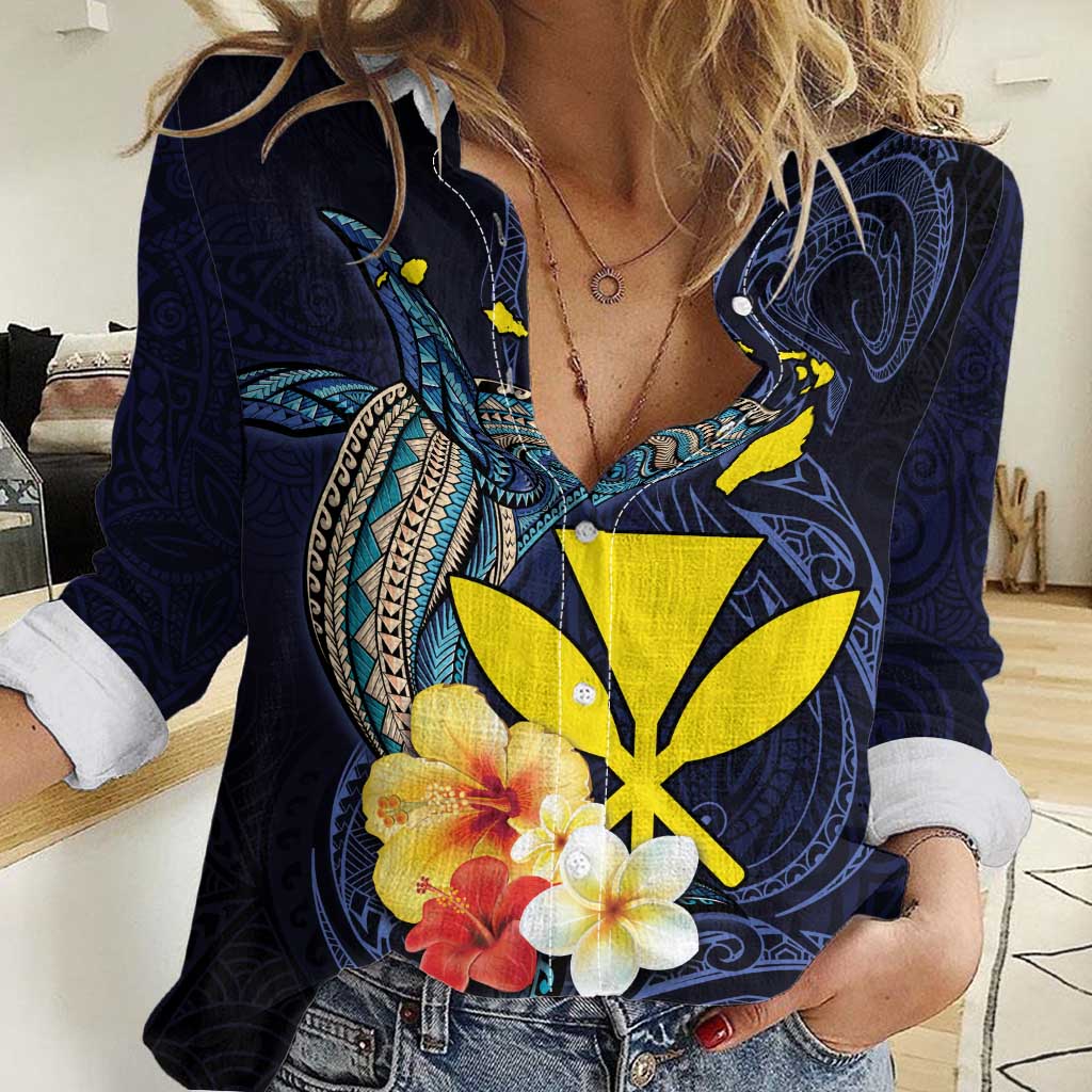 Hawaiian Whale and Kanaka Maoli Symbol Women Casual Shirt Hibiscus with Hawaii Map and Polynesian Tattoo Deep Sea Color LT03 Female Blue - Polynesian Pride