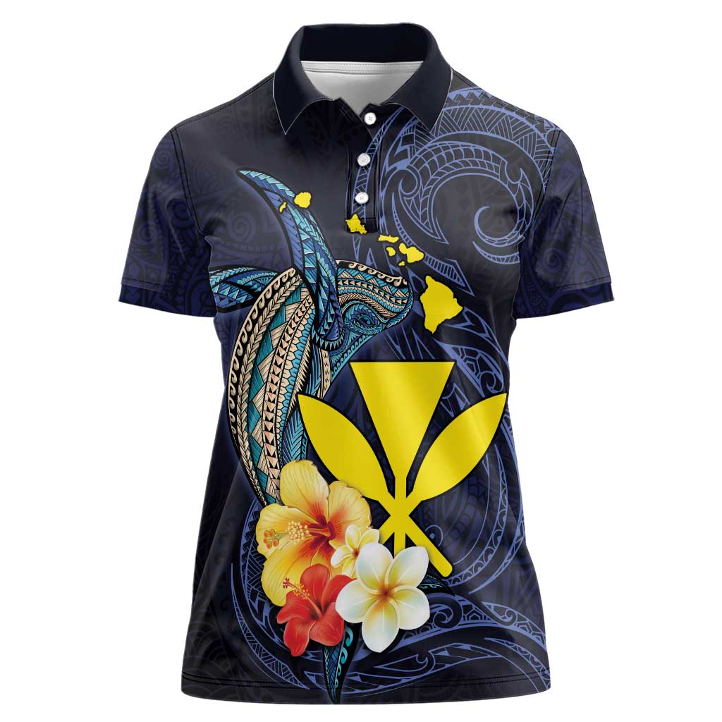 Hawaiian Whale and Kanaka Maoli Symbol Women Polo Shirt Hibiscus with Hawaii Map and Polynesian Tattoo Deep Sea Color LT03 Female Blue - Polynesian Pride