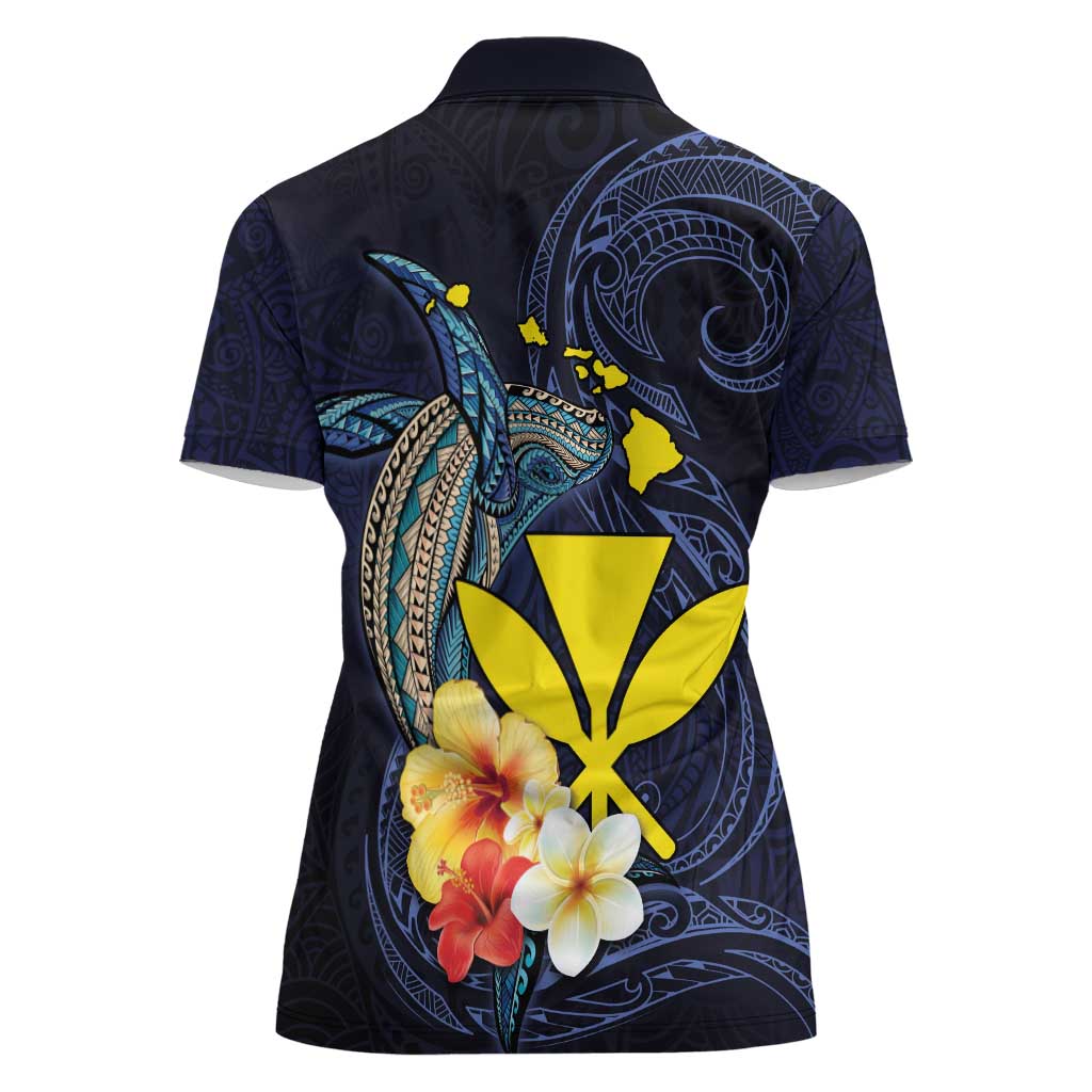 Hawaiian Whale and Kanaka Maoli Symbol Women Polo Shirt Hibiscus with Hawaii Map and Polynesian Tattoo Deep Sea Color LT03 - Polynesian Pride