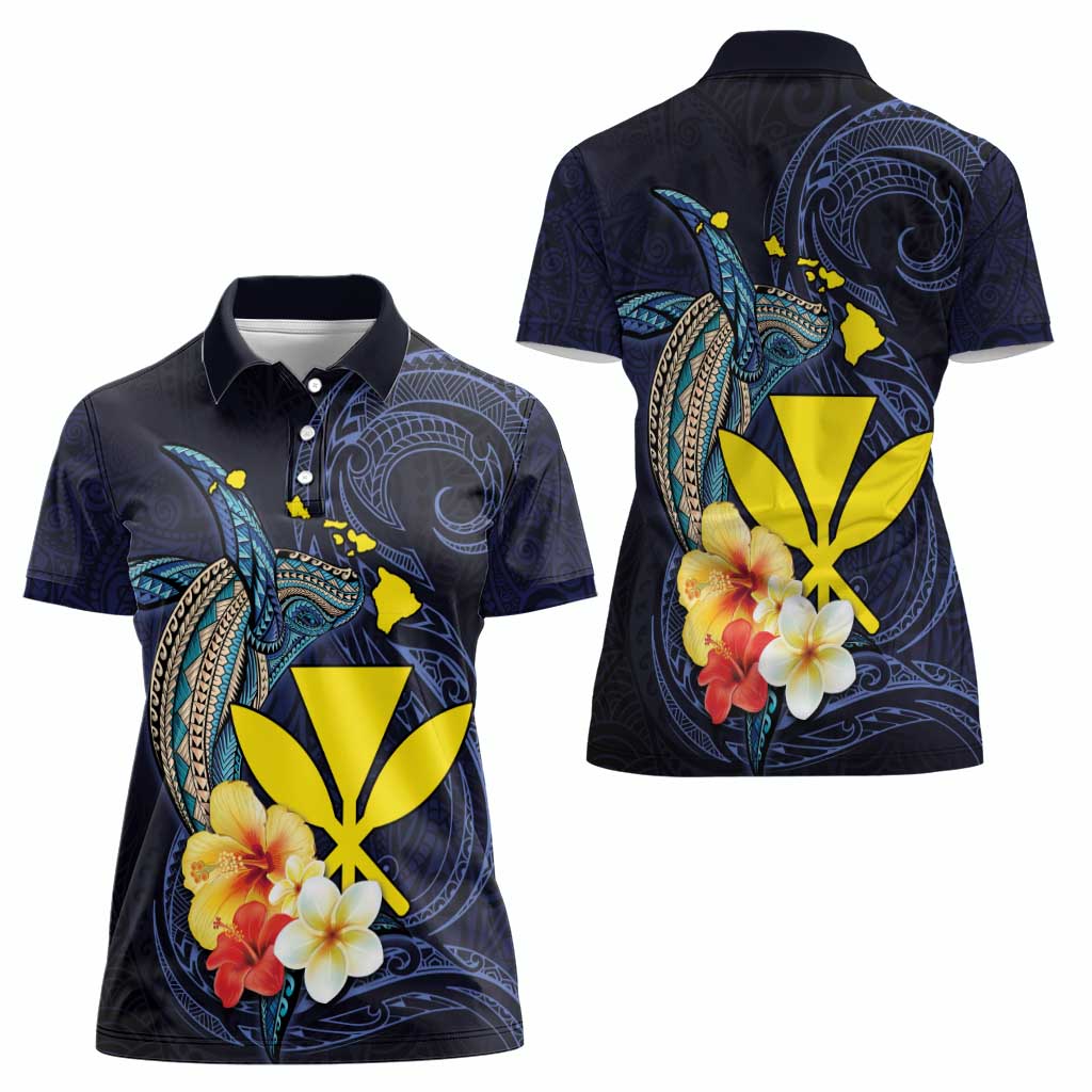 Hawaiian Whale and Kanaka Maoli Symbol Women Polo Shirt Hibiscus with Hawaii Map and Polynesian Tattoo Deep Sea Color LT03 - Polynesian Pride