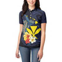 Hawaiian Whale and Kanaka Maoli Symbol Women Polo Shirt Hibiscus with Hawaii Map and Polynesian Tattoo Deep Sea Color LT03 - Polynesian Pride