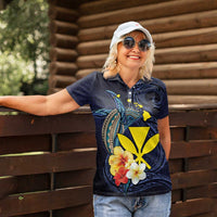 Hawaiian Whale and Kanaka Maoli Symbol Women Polo Shirt Hibiscus with Hawaii Map and Polynesian Tattoo Deep Sea Color LT03 - Polynesian Pride