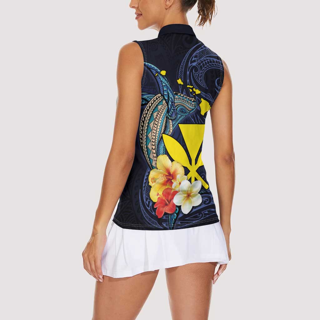 Hawaiian Whale and Kanaka Maoli Symbol Women Sleeveless Polo Shirt Hibiscus with Hawaii Map and Polynesian Tattoo Deep Sea Color LT03 - Polynesian Pride