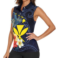 Hawaiian Whale and Kanaka Maoli Symbol Women Sleeveless Polo Shirt Hibiscus with Hawaii Map and Polynesian Tattoo Deep Sea Color LT03 - Polynesian Pride