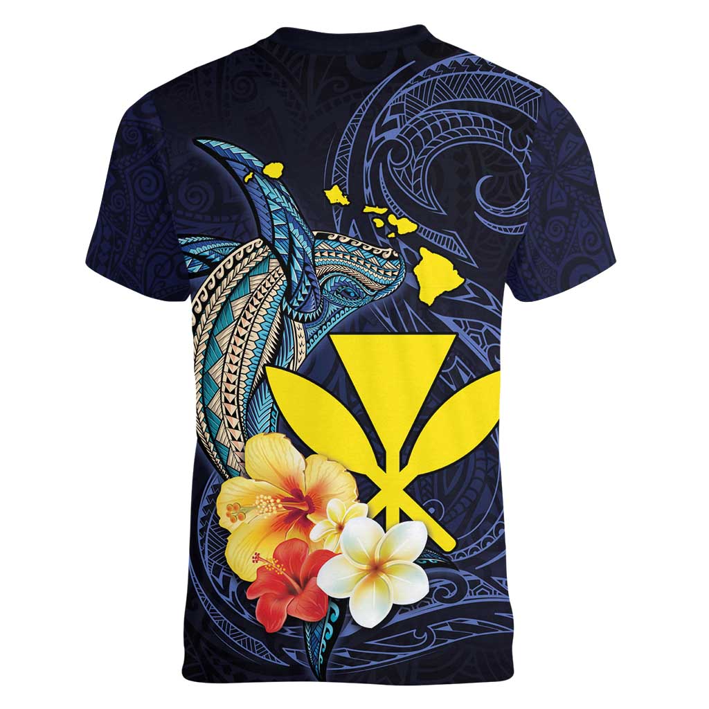 Hawaiian Whale and Kanaka Maoli Symbol Women V-Neck T-Shirt Hibiscus with Hawaii Map and Polynesian Tattoo Deep Sea Color LT03 - Polynesian Pride