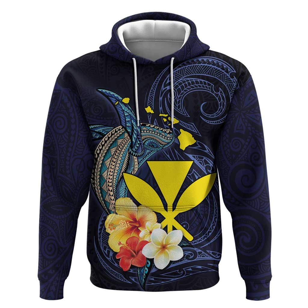 Hawaiian Whale and Kanaka Maoli Symbol Zip Hoodie Hibiscus with Hawaii Map and Polynesian Tattoo Deep Sea Color LT03 Pullover Hoodie Blue - Polynesian Pride