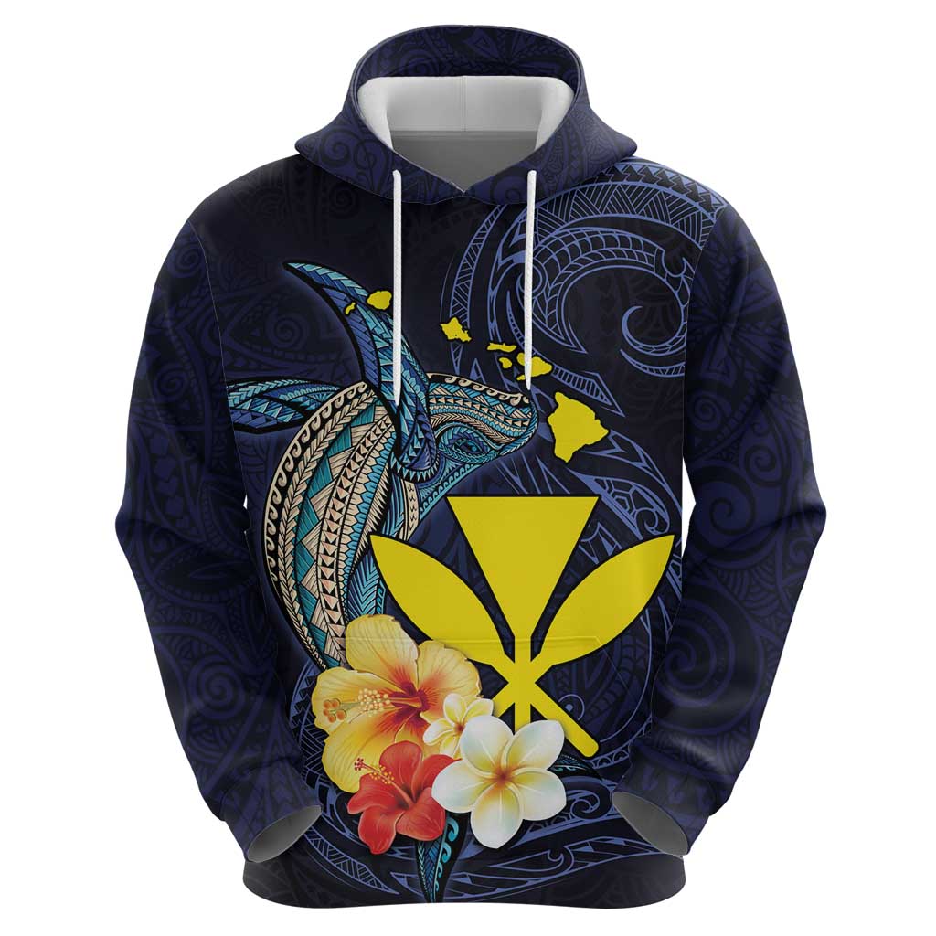 Hawaiian Whale and Kanaka Maoli Symbol Zip Hoodie Hibiscus with Hawaii Map and Polynesian Tattoo Deep Sea Color LT03 - Polynesian Pride