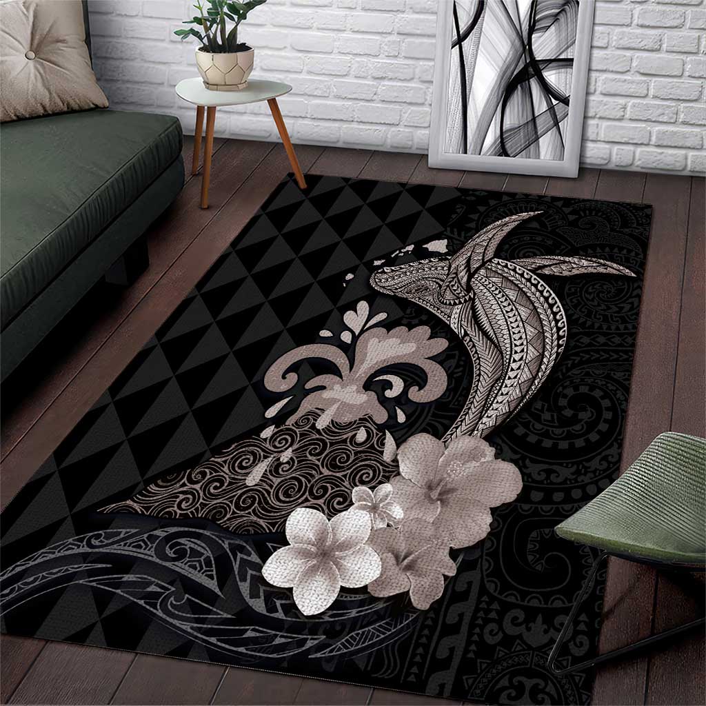 Hawaiian Whale and Volcanic Eruption Area Rug Hibiscus and Kakau Pattern Grayscale Color LT03 Black - Polynesian Pride