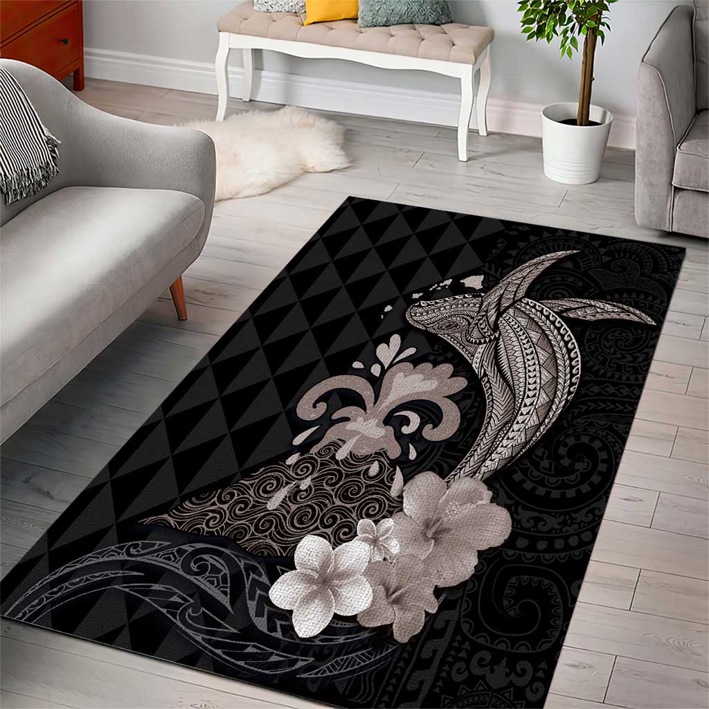 Hawaiian Whale and Volcanic Eruption Area Rug Hibiscus and Kakau Pattern Grayscale Color LT03 - Polynesian Pride