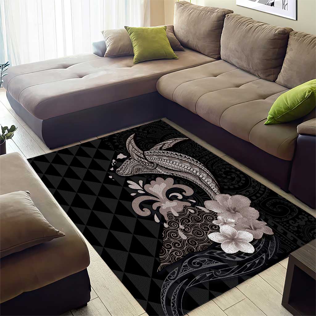 Hawaiian Whale and Volcanic Eruption Area Rug Hibiscus and Kakau Pattern Grayscale Color LT03 - Polynesian Pride