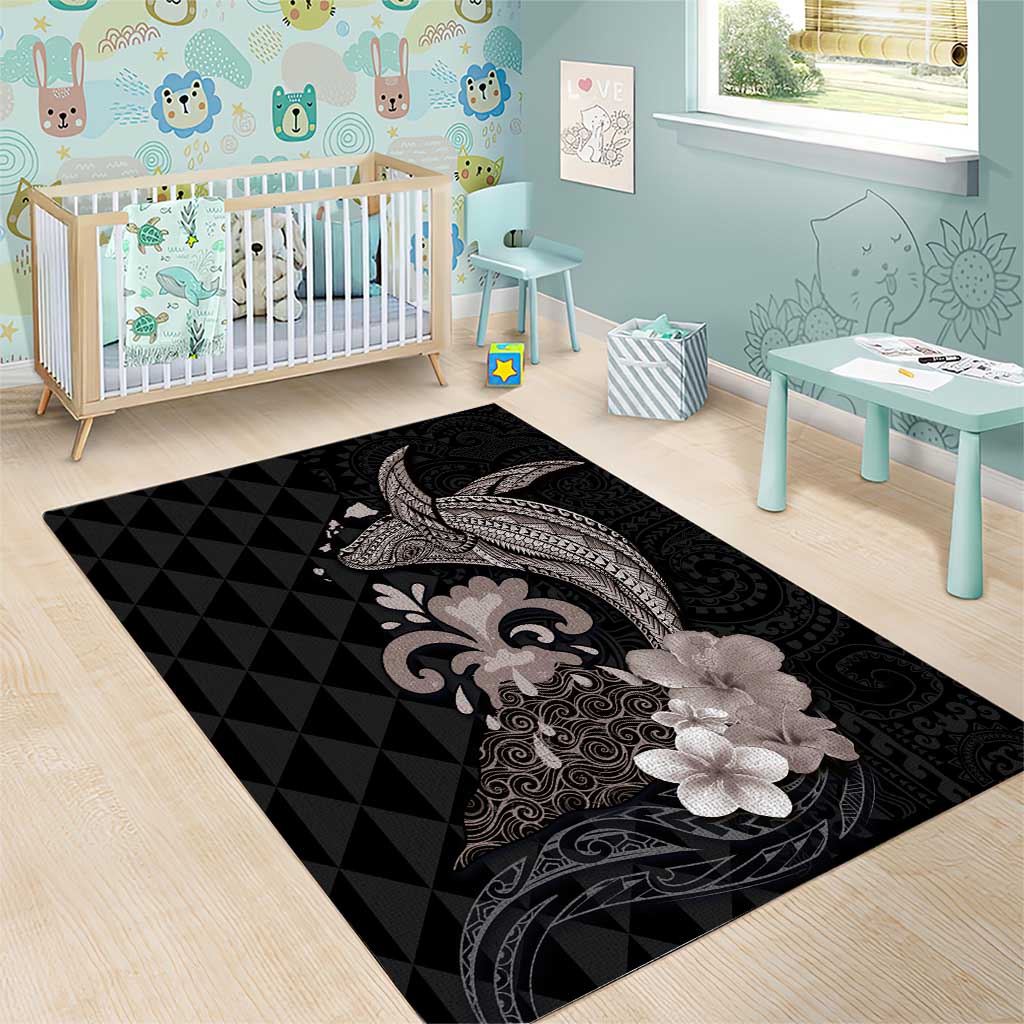 Hawaiian Whale and Volcanic Eruption Area Rug Hibiscus and Kakau Pattern Grayscale Color LT03 - Polynesian Pride