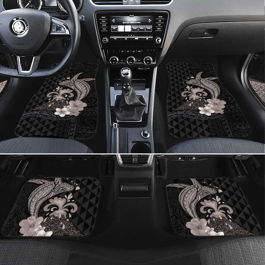 Hawaiian Whale and Volcanic Eruption Car Mats Hibiscus and Kakau Pattern Grayscale Color LT03 Set 4pcs Black - Polynesian Pride