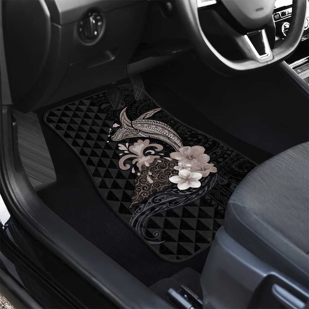 Hawaiian Whale and Volcanic Eruption Car Mats Hibiscus and Kakau Pattern Grayscale Color LT03 - Polynesian Pride