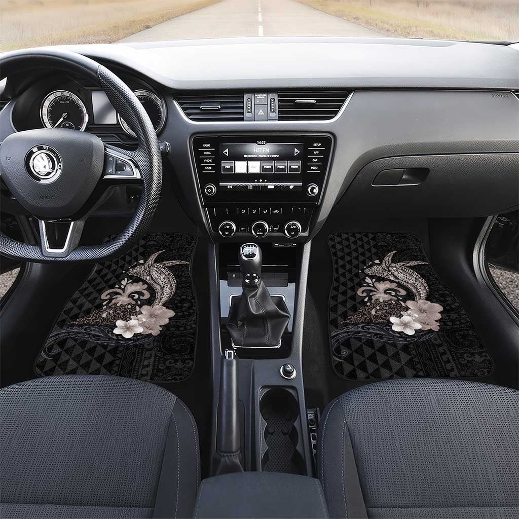 Hawaiian Whale and Volcanic Eruption Car Mats Hibiscus and Kakau Pattern Grayscale Color LT03 Set 2pcs - Front Black - Polynesian Pride