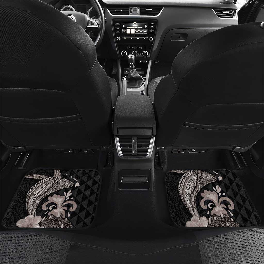 Hawaiian Whale and Volcanic Eruption Car Mats Hibiscus and Kakau Pattern Grayscale Color LT03 Set 2pcs - Back Black - Polynesian Pride