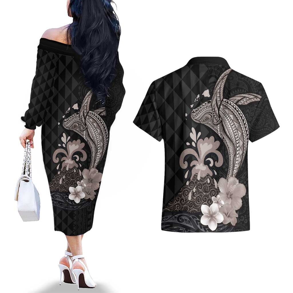 Hawaiian Whale and Volcanic Eruption Couples Matching Off The Shoulder Long Sleeve Dress and Hawaiian Shirt Hibiscus and Kakau Pattern Grayscale Color LT03 - Polynesian Pride