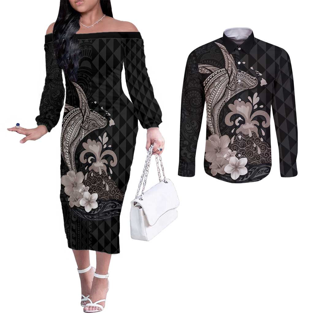 Hawaiian Whale and Volcanic Eruption Couples Matching Off The Shoulder Long Sleeve Dress and Long Sleeve Button Shirt Hibiscus and Kakau Pattern Grayscale Color
